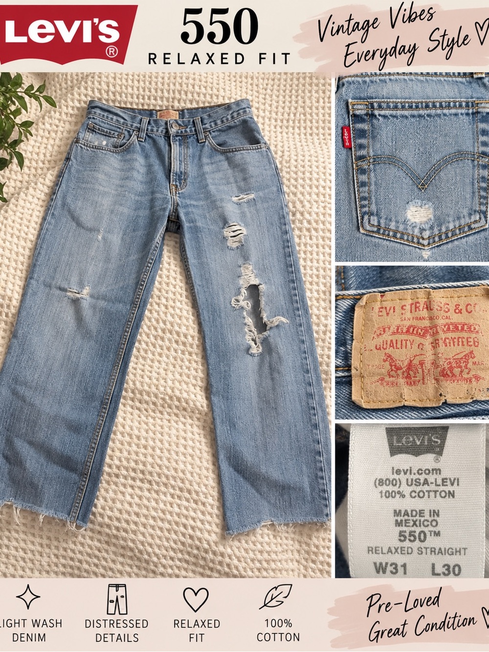 Levi's 550 Relaxed Fit Light Blue Distressed Jeans
